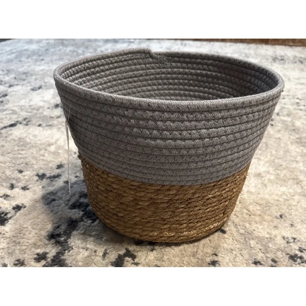 Cotton Woven Decorative Gray Tan  Rope Storage Decorative Basket 11 X 11 X 8